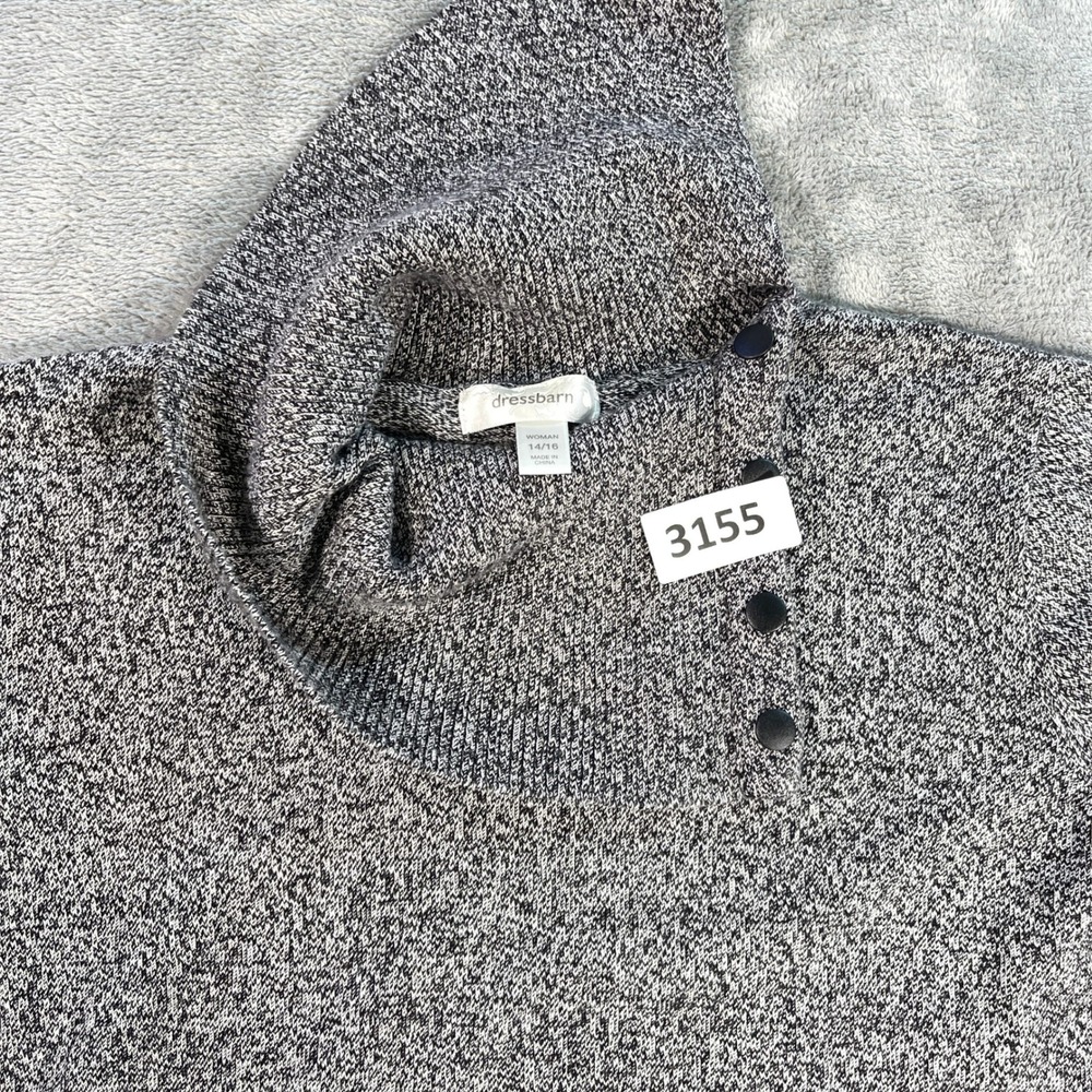 Dressbarn Sweater Women 14/16 Gray Marl Cowl Neck Button Trim Pullover Knit